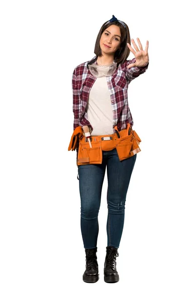 Полнометражный Снимок Молодой Работницы Считающей Пять Пальцев Изолированном Белом Фоне — стоковое фото