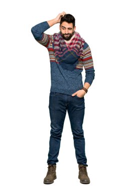 İzole beyaz arka plan üzerinde kafa çizilmemesi süre şüpheleri hippi adamın tam uzunlukta atış