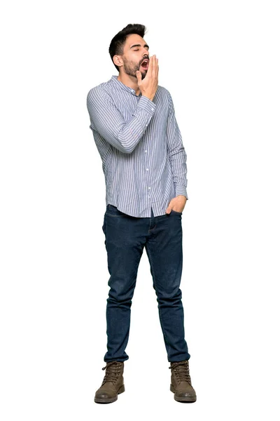Tiro Completo Homem Elegante Com Camisa Bocejando Cobrindo Ampla Boca — Fotografia de Stock