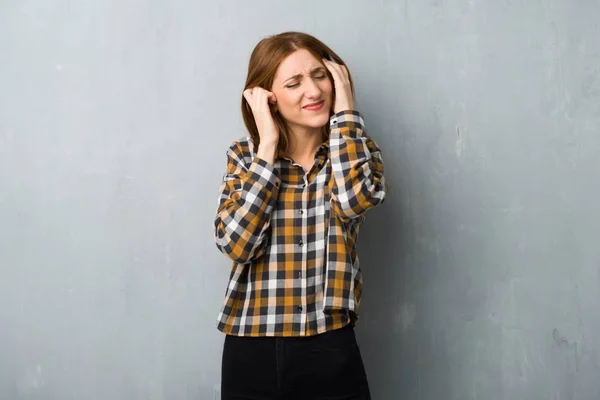 Young Redhead Girl Grunge Wall Covering Ears Hands Frustrated Expression — Stock Photo, Image