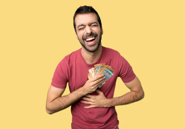 Uomo Prendendo Sacco Soldi Sorridendo Molto Mentre Mettere Mani Sul — Foto Stock