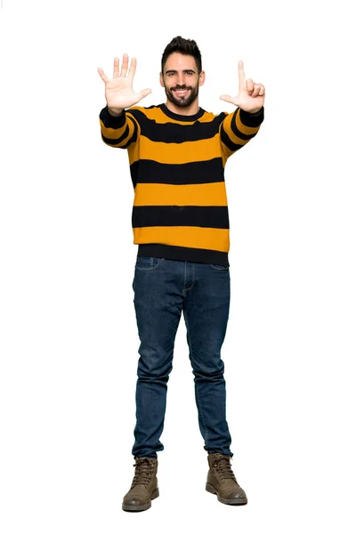 Full Length Shot Handsome Man Striped Sweater Counting Seven Fingers — Stock Photo, Image