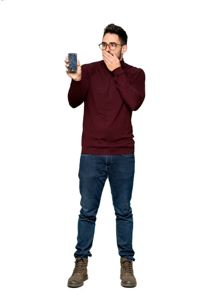 Full Length Shot Handsome Man Glasses Troubled Holding Broken Smartphone — Stock Photo, Image