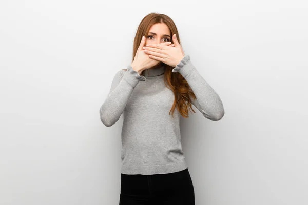 Redhead Girl White Wall Covering Mouth Hands Saying Something Inappropriate — Stock Photo, Image