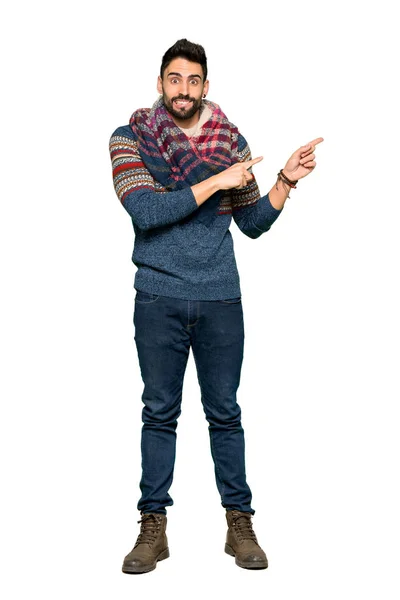 Full Length Shot Hippie Man Frightened Pointing Side Isolated White — Stock Photo, Image