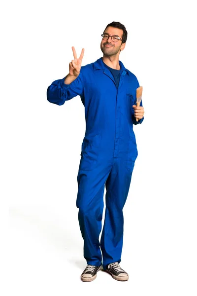 Full Length Shot Painter Man Happy Counting Two Fingers Isolated — Stock Photo, Image
