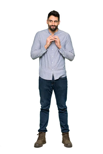 Tiro Completo Homem Elegante Com Camisa Planejando Algo Fundo Branco — Fotografia de Stock