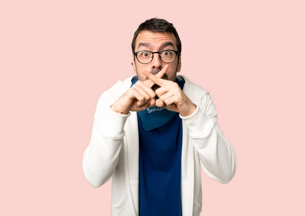 Handsome Man Glasses Showing Sign Silence Gesture Isolated Pink Background — Stock Photo, Image