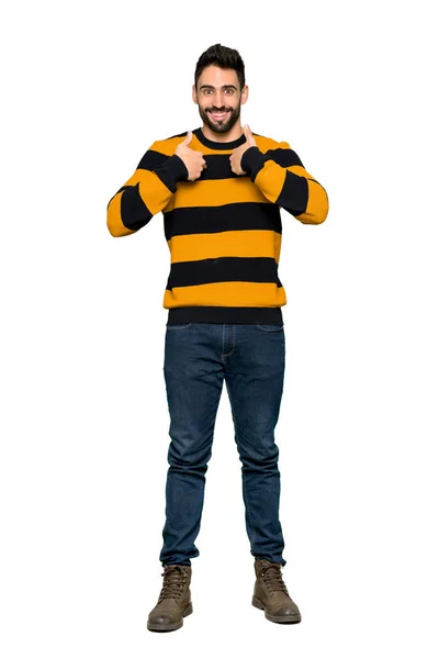 Full Length Shot Handsome Man Striped Sweater Surprise Facial Expression — Stock Photo, Image