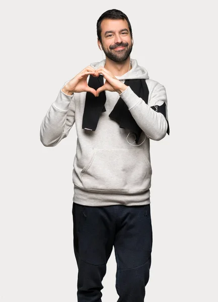 Sport Man Making Heart Symbol Hands Isolated Grey Background — Stock Photo, Image