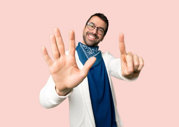 Handsome Man Glasses Counting Six Fingers Isolated Pink Background — Stock Photo, Image