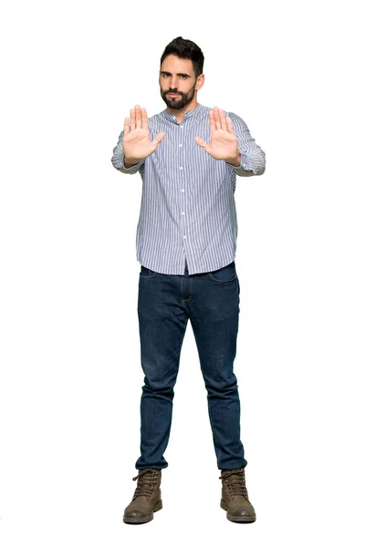 Foto Completa Hombre Elegante Con Camisa Haciendo Gesto Parada Para — Foto de Stock