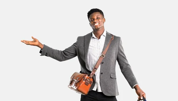 African American Business Man Traveling Suitcases Smiling Sweet Expression Isolated — Stock Photo, Image