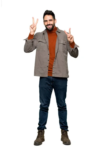 Full Length Shot Handsome Man Beard Smiling Showing Victory Sign — Stock Photo, Image