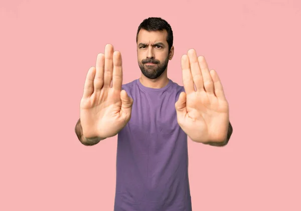 Handsome Man Making Stop Gesture Disappointed Opinion Isolated Pink Background — Stock Photo, Image