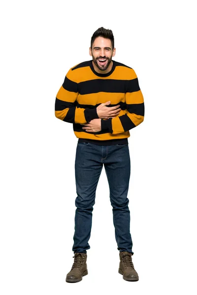 Full Length Shot Handsome Man Striped Sweater Smiling Lot While — Stock Photo, Image