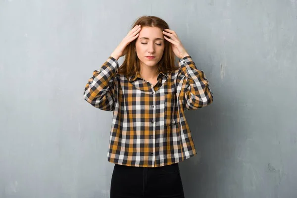 Young Redhead Girl Grunge Wall Unhappy Frustrated Something — Stock Photo, Image