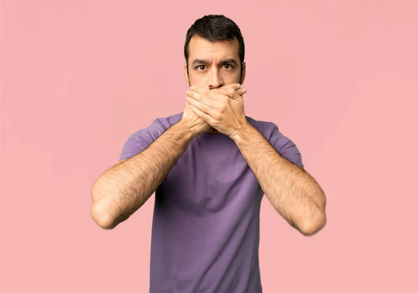 Handsome Man Covering Mouth Hands Saying Something Inappropriate Isolated Pink — Stock Photo, Image