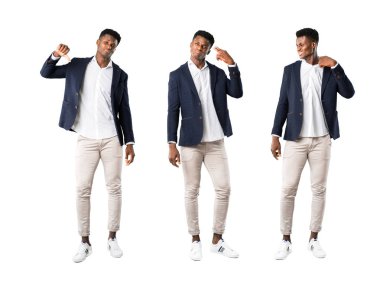 Afro-Amerikan yakışıklı bir ceket ile yorgun ve hasta ifade kümesi