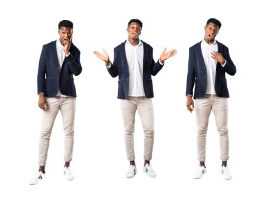 Afro-Amerikan yakışıklı bir ceket şaşırttı ve şok kümesi