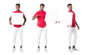 Boş bir beyaz tasarlamak için ekleme bir kavram tutan genç Afro-Amerikan adam kümesi