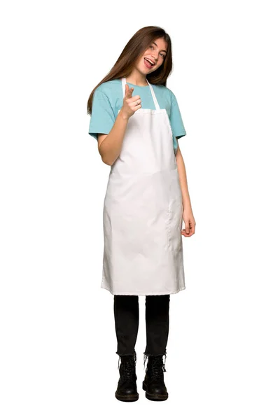 Full Length Shot Girl Apron Points Finger You Confident Expression — Stock Photo, Image