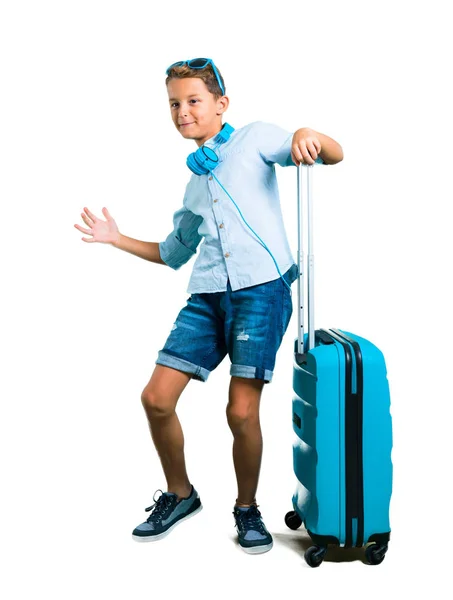 Corps Complet Kid Avec Lunettes Soleil Écouteurs Voyageant Avec Valise — Photo