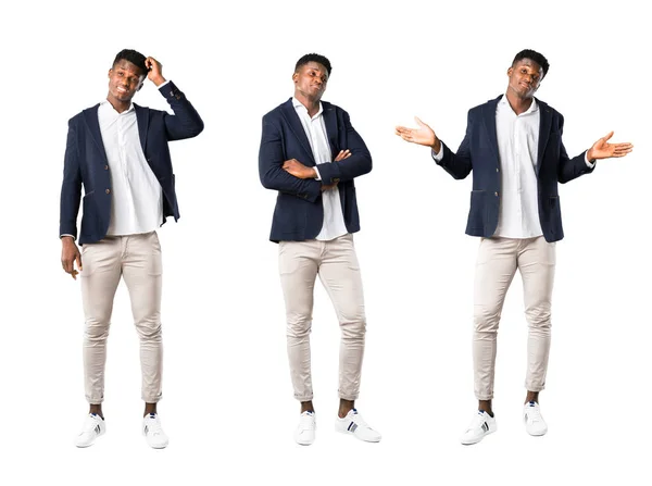 Set Handsome African American Man Wearing Jacket Making Unimportant Doubts — Stock Photo, Image