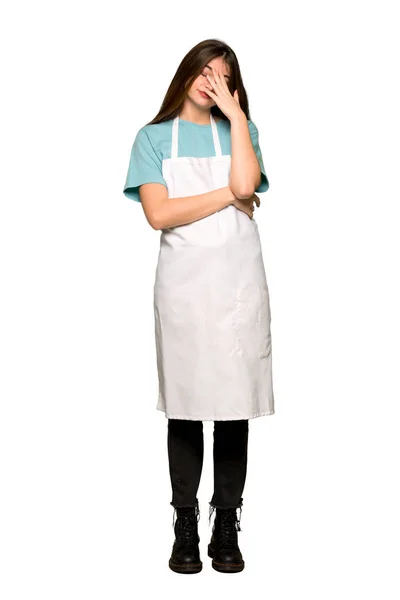 Full Length Shot Girl Apron Tired Expression Isolated White Background — Stock Photo, Image