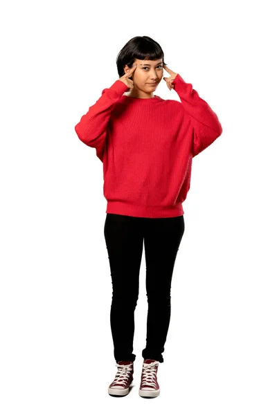 Eine Ganzkörperaufnahme Eines Kurzhaarigen Mädchens Mit Rotem Pullover Das Zweifel — Stockfoto