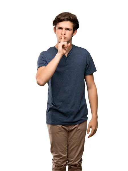 Dospívající Muž Známek Mlčení Gesto Uvedení Prst Ústech Izolované Bílém — Stock fotografie