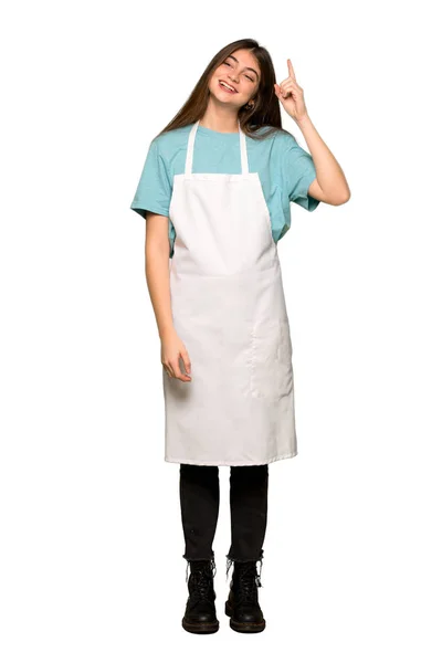 Full Length Shot Girl Apron Intending Realizes Solution While Lifting — Stock Photo, Image