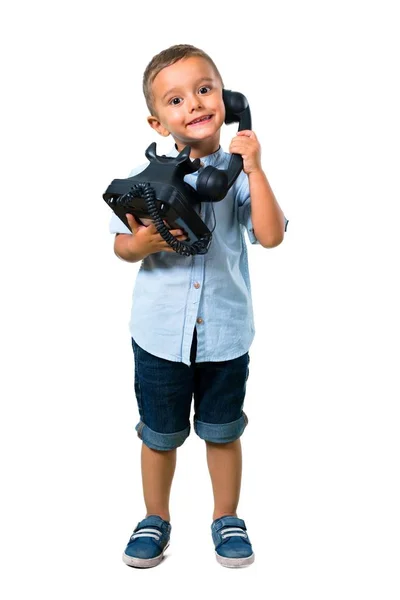 Liten Unge Pratar Med Vintage Telefon Isolerade Vit Bakgrund — Stockfoto