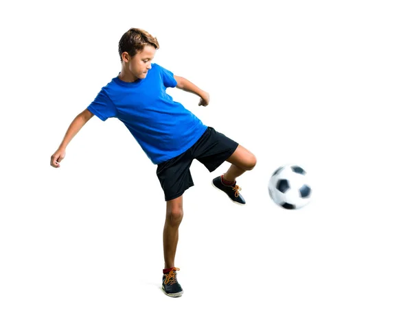 Celovečerní Snímek Chlapce Hrát Fotbal Kope Míč Izolované Bílém Pozadí — Stock fotografie