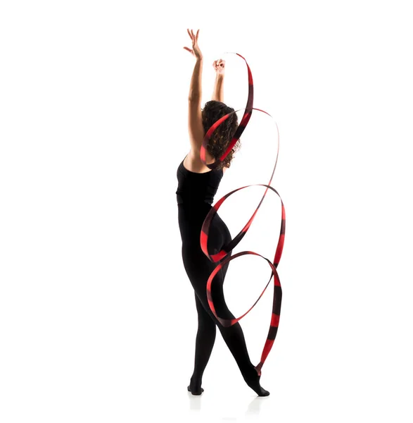 Woman Doing Rhythmic Gymnastics Ribbon Isolated White Background — Stock Photo, Image