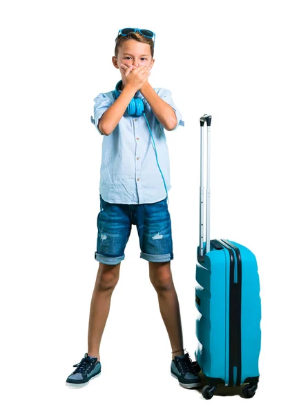 Corps Complet Kid Avec Lunettes Soleil Écouteurs Voyageant Avec Valise — Photo