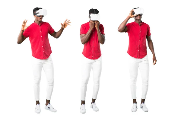Conjunto Hombre Afroamericano Joven Usando Gafas Experiencia Realidad Virtual —  Fotos de Stock