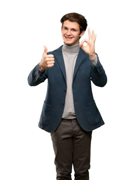 Adolescente Homem Com Gola Alta Mostrando Sinal Com Dando Polegar — Fotografia de Stock