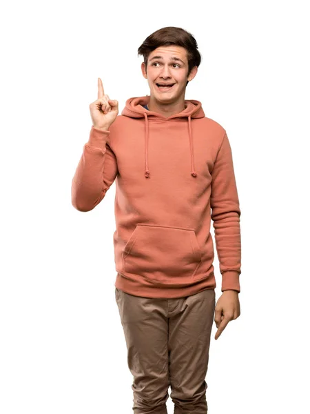 Teenager Man Sweatshirt Intending Realizes Solution While Lifting Finger Isolated — Stock Photo, Image