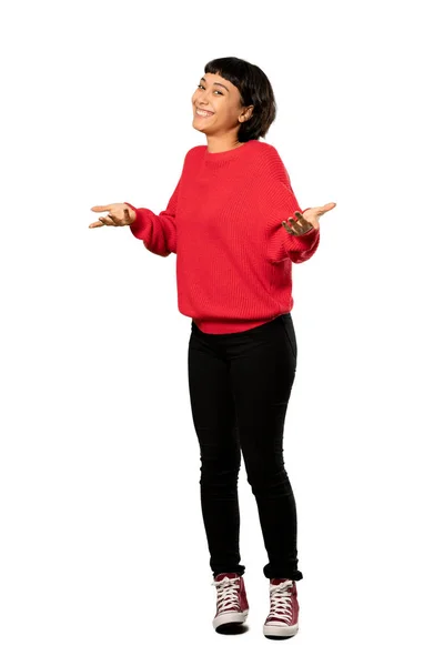 Full Length Shot Short Hair Girl Red Sweater Smiling Isolated — Stock Photo, Image