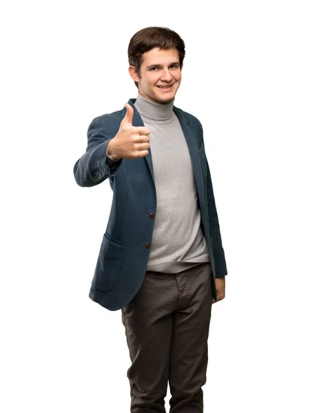 Teenager Man Turtleneck Thumbs Because Something Good Has Happened Isolated — Stock Photo, Image