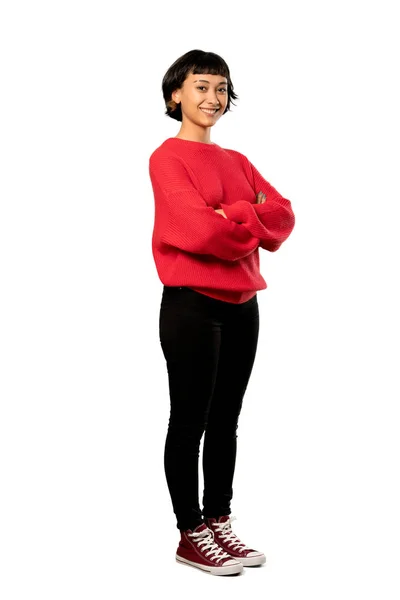 Eine Ganzkörperaufnahme Eines Kurzhaarigen Mädchens Mit Rotem Pullover Mit Verschränkten — Stockfoto