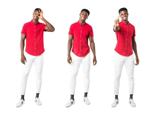 Conjunto Joven Afroamericano Hombre Hace Divertido Loco Cara Emoción —  Fotos de Stock