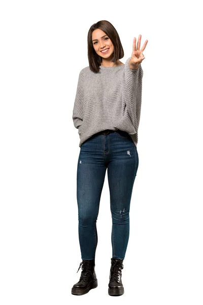 Full Length Shot Young Woman Happy Counting Three Fingers Isolated — Stock Photo, Image