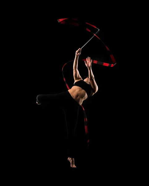 Woman Doing Rhythmic Gymnastics Ribbon Black Background — Stock Photo, Image