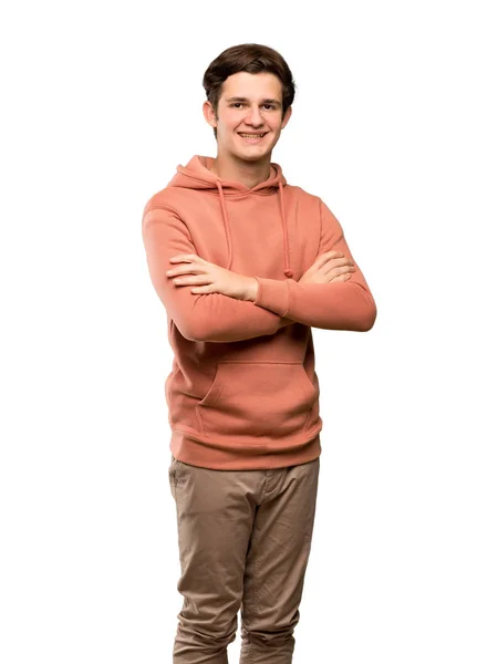 Teenager Man Sweatshirt Arms Crossed Looking Forward Isolated White Background — Stock Photo, Image