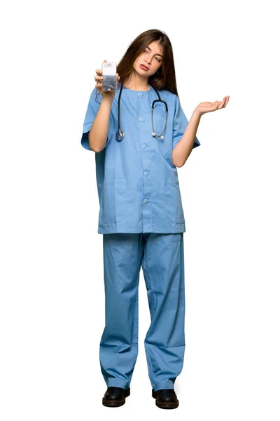 Full Length Shot Young Nurse Upset Broken Phone Isolated White — Stock Photo, Image