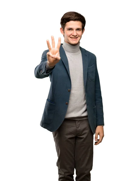 Dospívající Muž Rolák Šťastný Počítání Tři Prsty Izolované Bílém Pozadí — Stock fotografie