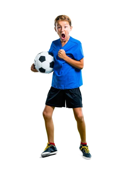 Een Full Length Schot Van Lucky Boy Voetballen Geïsoleerde Witte — Stockfoto