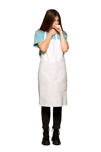 Full-length shot of Girl with apron is suffering with cough and feeling bad on isolated white background